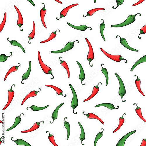 Chili peppers vector seamless pattern. Green and red vector flat elements on white background. Best for textile, wallpapers, home decoration, wrapping paper, package and web design.