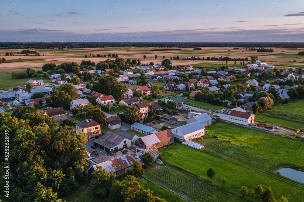 Houses in Jaczew village in Mazowsze region, Poland, drone photo