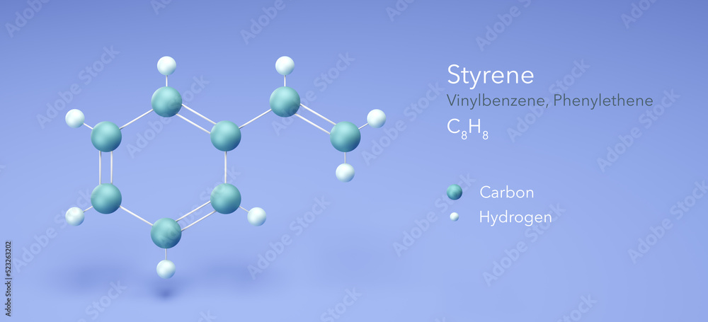 Styrene, Vinylbenzene, molecular structures, 3d rendering, Structural ...
