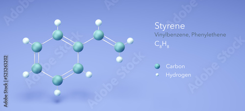Styrene, Vinylbenzene, molecular structures, 3d rendering, Structural Chemical Formula and Atoms with Color Coding photo