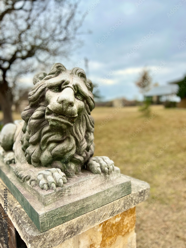Lion statue at the entrance to winery in Texas.  Wine country,
