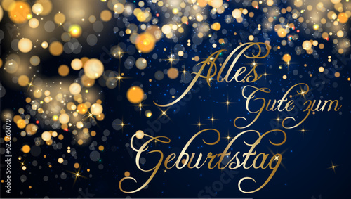 Karte oder Banner, um in Gold auf einem blauen Hintergrund mit Kreisen, Sternen und goldfarbenem Glitzer alles Gute zum Geburtstag zu wünschen