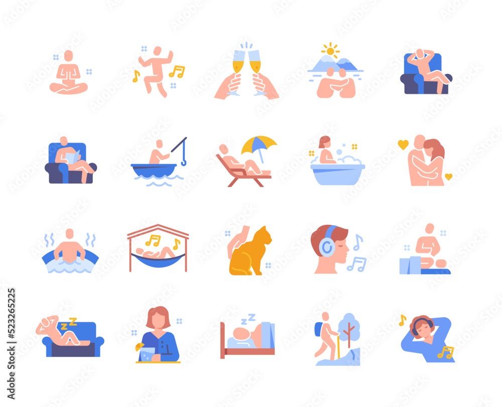 Relax colorful icon set. Bright stickers with meditating, sleeping, taking bath and listening to music characters. Relaxation and rest. Cartoon flat vector collection isolated on white background Relax colorful icon set. Bright stickers with meditating, sleeping, taking bath and listening to music characters. Relaxation and rest. Cartoon flat vector collection isolated on white background
