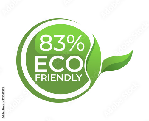 83% Eco friendly circle label sticker Vector illustration with green organic plant leaves. Eco friendly stamp icon.