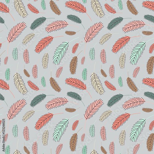 Bird feathers seamless pattern. Pattern with feathers. Vector flat illustration. Design for textiles, packaging, wrappers, greeting cards, paper, printing.