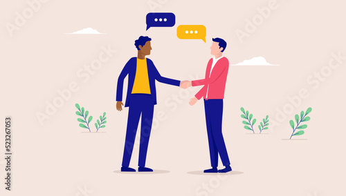 Shaking hands - Businessmen doing handshake while talking with speech bubbles. Business agreement and deal concept, flat design vector illustration