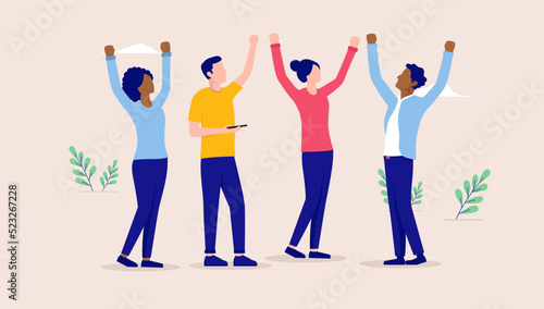 Happy diverse team of businesspeople cheering - People of different ethnicities in casual clothing celebrating cheerful with raised hands. Flat design vector illustration