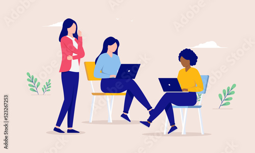 Women IT workers - Team of three female people working on computers concentrated and focused. Flat design vector illustration