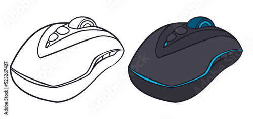 Canvas Print Set with outline and colored version of gaming mouse, Vector illustration