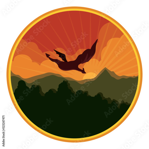 Button with video game scene of flying monster, Vector illustration