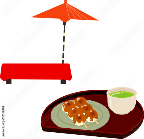 茶屋の縁台と串団子とお茶
