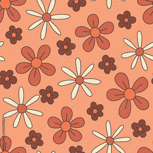 Monochrome Orange and Brown Large Scale Hand-Drawn Floral Vector Seamless Pattern. Retro 70s Style Nostalgic Fashion Textile Bold Background. Summer Resort Print. Daisies. Flower Power