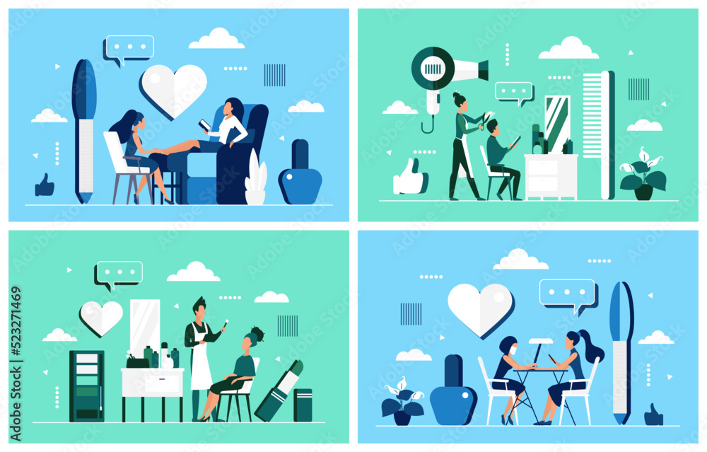 Haircut, makeup, manicure and pedicure procedures in beauty salon set. Cartoon woman and man models sitting in chairs of barbershop for body and hair care flat vector illustration. Lifestyle concept Haircut, makeup, manicure and pedicure procedures in beauty salon set. Cartoon woman and man models sitting in chairs of barbershop for body and hair care flat vector illustration. Lifestyle concept