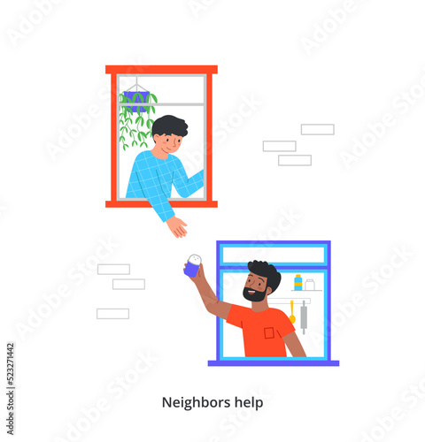 Concept of good neighborhood. Kind smiling neighbors help each other and share items through open window of house. Man passes salt to friend. Cartoon flat vector illustration in doodle style