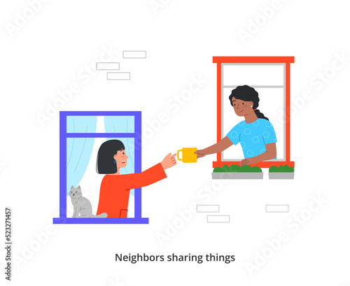 Concept of good neighborhood. Kind neighbors help and support each other and share items through open window of apartment. Woman passes cup to girl. Cartoon flat vector illustration in doodle style