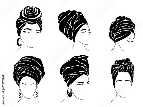 Fototapeta Set of silhouettes of women in traditional headwear scarf turban