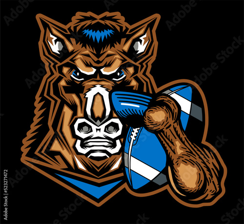 mean mustang mascot holding football for school, college or league