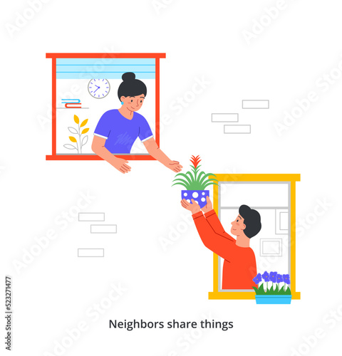 Concept of good neighborhood. Young smiling man passes potted flower to girl through open window of house. Good neighbors help and support each other. Cartoon flat vector illustration in doodle style