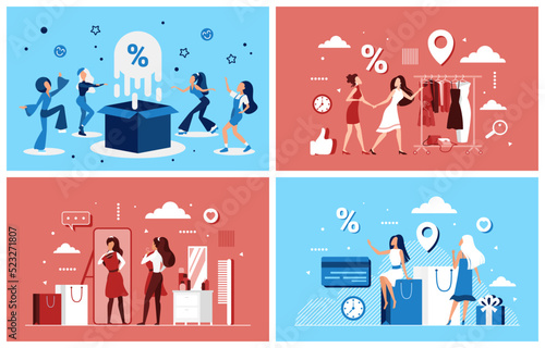 Fashion sales, shopping with discount for shopaholic girls set. Tiny female customers buy clothes in retail store, shoppers jump near surprise box flat vector illustration. Outlet, advertising concept