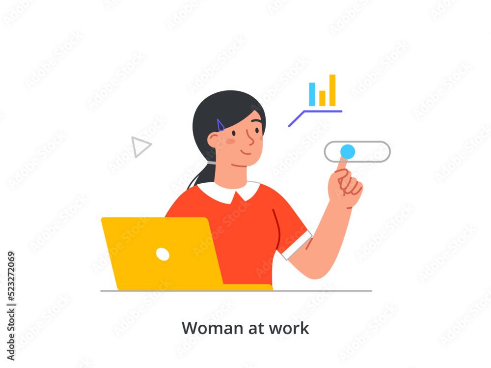 Office work, coworking or freelance concept. Young smiling woman working on laptop and pressing button. Efficiency, productivity and time management. Cartoon flat vector illustration in doodle style