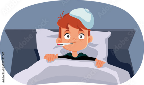 Ill Child Having High Fever Vector Cartoon Illustration. Boy displaying covid symptoms laying in bed with hyperthermia 
