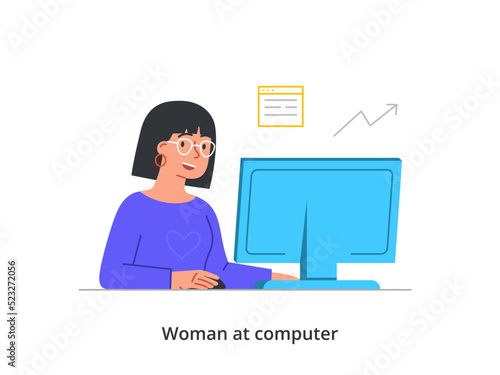 Office work, coworking or freelance concept. Smiling woman works on computer and develops company. Employee performs project for financial growth. Cartoon flat vector illustration in doodle style