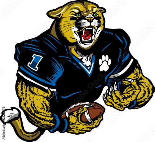 muscular cougar mascot player holding football for school, college or league