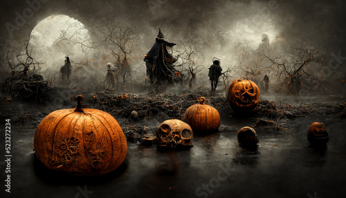 Halloween Pumpkins in Scary Cemetery. realistic halloween festival illustration. Halloween night pictures for wall paper or computer screen.  photo