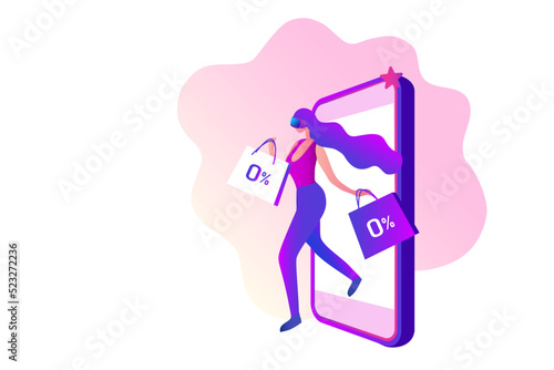 Metaverse Virtual Reality shopping. woman wearing VR goggle having 3d experience in shopping in the metaverse vector illustration 
