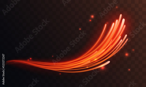 Red light energy glowing motion lines, waves, curved shining abstract light effect vector illustration. Magic speed flying trails of shine, bright shimmer particles fly transparent dark background
