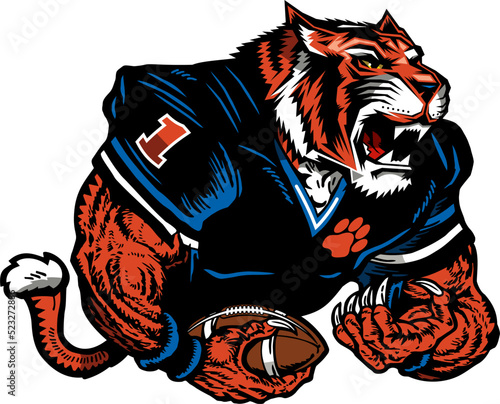 muscular tiger mascot player holding football for school, college or league