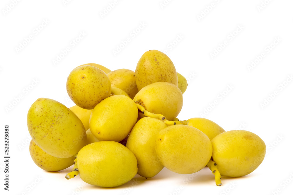 Golden yellow fresh dates. on white background.