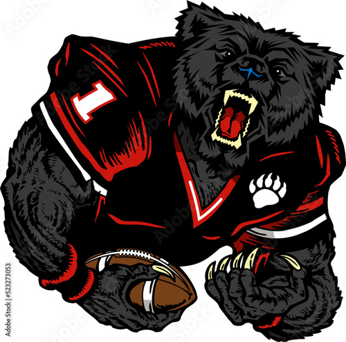 grizzly bear mascot holding football in hand for school, college or league