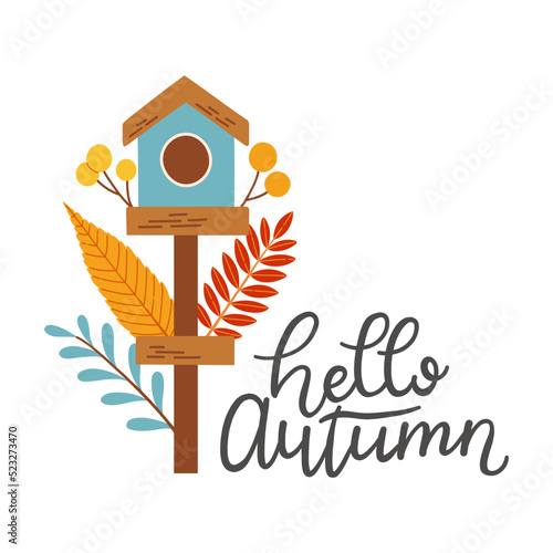 Hello autumn birdhouse fall season vector elements