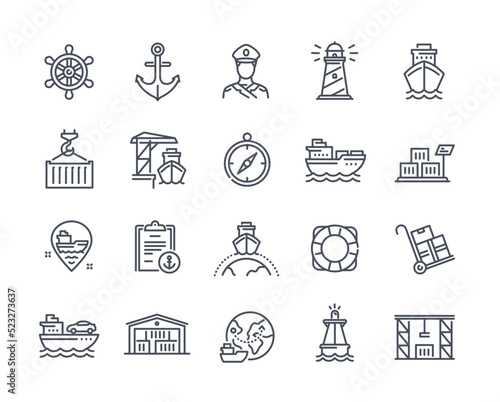Seaport line icon set. Yacht, steering wheel, captain, lighthouse and compass. Global logistics and cargo delivery. Shipping industry. Cartoon flat vector collection isolated on white background