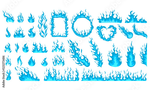 Cartoon of blue fire element. Fire flames, bright fireball, heat wildfire and red hot bonfire, campfire, red fiery flames isolated vector illustration set. Vector eps 10