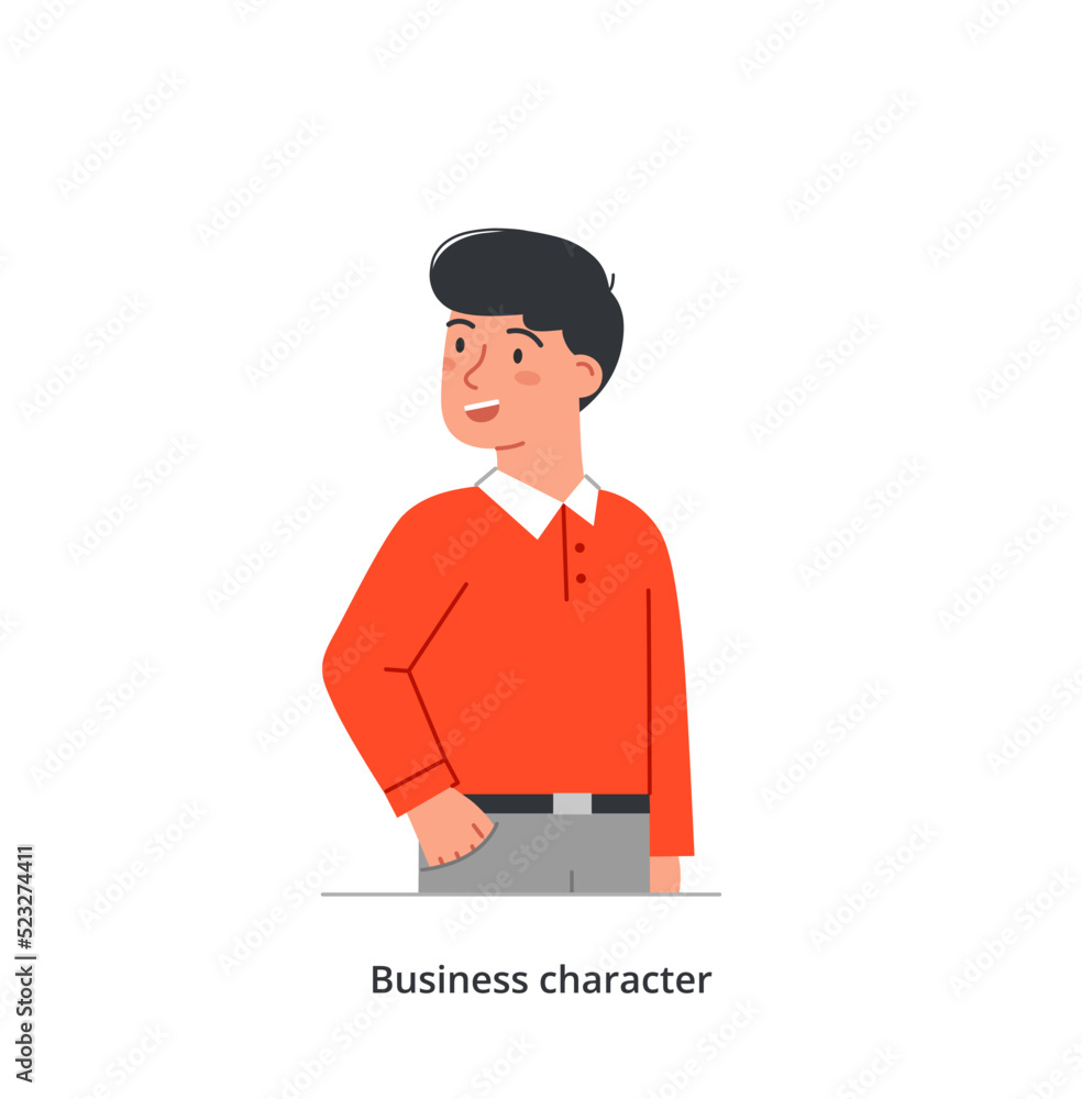 Smiling business character. Young happy man boss or manager of company in stylish office clothes. Male character successful entrepreneur. Cartoon modern flat vector illustration in doodle style