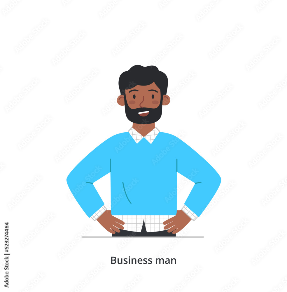 Smiling business character. Bearded man in stylish office clothes. African American company employee, leader or entrepreneur. Successful character. Cartoon flat vector illustration in doodle style Smiling business character. Bearded man in stylish office clothes. African American company employee, leader or entrepreneur. Successful character. Cartoon flat vector illustration in doodle style