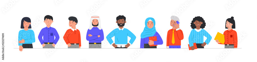 Multinational business team. Set of male and female entrepreneurs of different ages, ethnicities and religions. Tolerant partnership. Cartoon flat vector collection isolated on white background Multinational business team. Set of male and female entrepreneurs of different ages, ethnicities and religions. Tolerant partnership. Cartoon flat vector collection isolated on white background