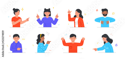 Set of people pointing their fingers. Young men and women show something with palms from above, below, side, in front, to right or to left. Cartoon flat vector collection isolated on white background