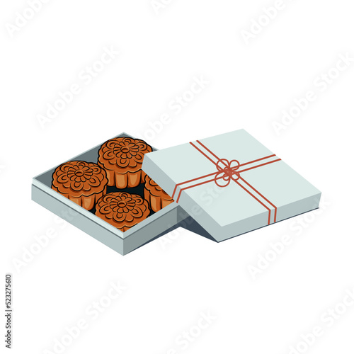 Gift box of mooncake, different flavours of round shape mooncakes on square box with lid and brown paper decoration. Traditional style of mooncake for Mid Autumn Festival. Asian food vector.  