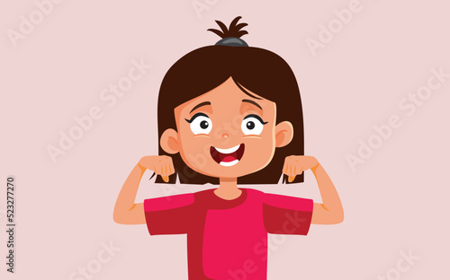 Cheerful Super Strong Girl Vector Cartoon Character. Little child having strength, will, and vitality due to self confidence 

