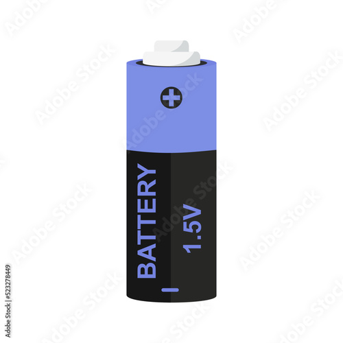 1.5 V, volt, voltage battery. Dry alkaline electrical power energy item for devices. Disposable electrochemical device. Flat vector illustration isolated on white background.
