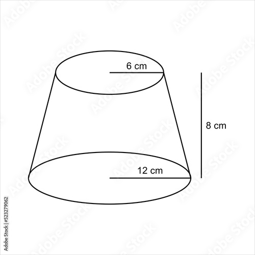 A cone whose ends are cut off. Illustration of a truncated cone for a math problem about geometry. An editable vector that is suitable for use as a complement to math problems