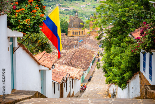 street view of barichara colonial town, colombia photo