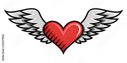 Drawing heart with wings in retro style, comics design illustration on white background.