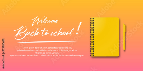 Back to school. Holiday for students. Vector banner concept with notebook and pen on autumn background. Small handwritten text back to school. Place for text. Education poster.