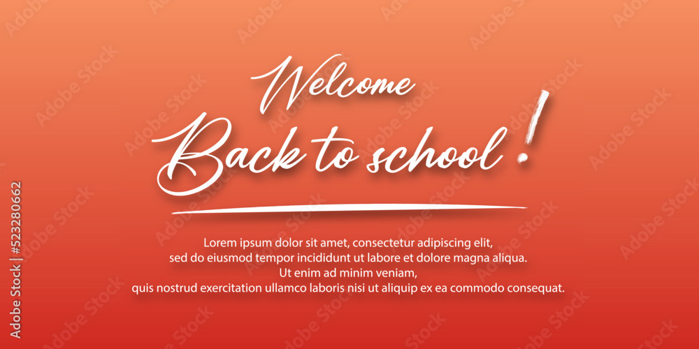 Welcome back to school. Holiday for students. Small handwritten text back to school. Place for text. Vector banner concept with notebook or note pad and pen. Orange autumn background. Welcome back to school. Holiday for students. Small handwritten text back to school. Place for text. Vector banner concept with notebook or note pad and pen. Orange autumn background.