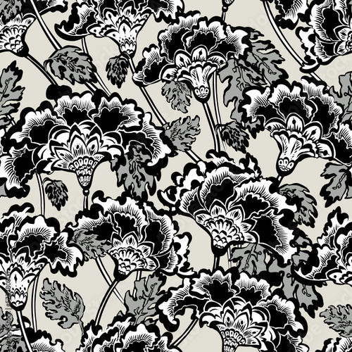 SEAMLESS VECTOR PATTERN bold flamboyant floral in black and white. Oriental poppy/marigold style loose gestural brushwork in simple greyscale colors. Fan shaped flowers in scalloped arrangement.