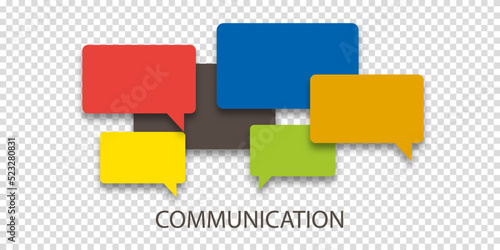 Vector illustration of communication concept. Word communication with colorful dialog speech bubbles. Paper cut style on transparent background